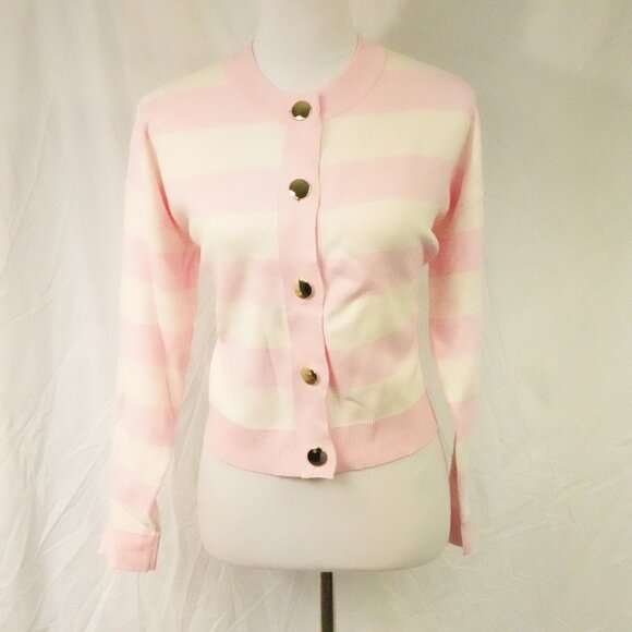 New York & Company Sweaters - Sweater Cardigan with Gold Buttons Womens Medium Pink White Stripes Crew Neck